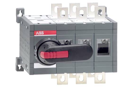 Drehschalter von ABB mit rotem Hebel in Mittelstellung, grau-schwarzes Gehäuse. Verwendet zur Steuerung elektrischer Systeme.