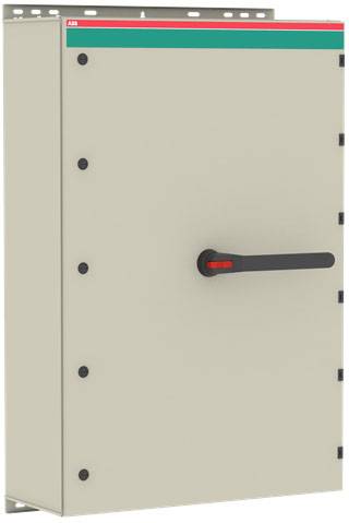 Grau-beige Schaltschrank mit schwarzem Hebelgriff und rotem Akzent oben. Geeignet für industrielle Anwendungen.