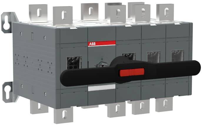 Industrieschalter von ABB mit mehreren Anschlüssen und rotem Schaltergriff. Genutzt zur Steuerung elektrischer Geräte.