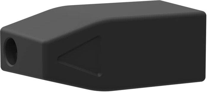 Rechteckiger schwarzer Block mit abgeschrägter Ecke und einer kleinen runden Öffnung an einem Ende.