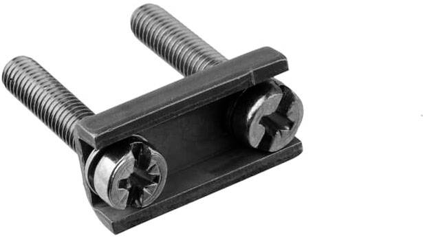 Zwei parallele Schrauben mit Kreuzschlitz am Kopf, befestigt in einer rechteckigen Metallhalterung.