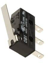 Schwarzer Mikroschalter mit Hebel und drei Anschlussklemmen, geeignet für elektrische Steuerungen und Anwendungen in der Elektronik.