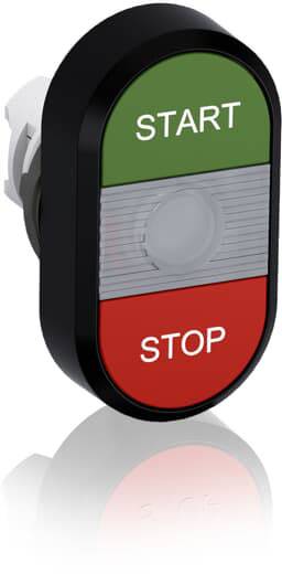 Ein ovale Taste mit den Aufschriften 'START' auf grünem Hintergrund oben und 'STOP' auf rotem Hintergrund unten.