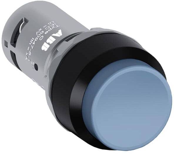 Ein runder, blauer Druckknopf mit schwarzem Rahmen, vorgesehen für den Einsatz in elektrischen Schaltsystemen.