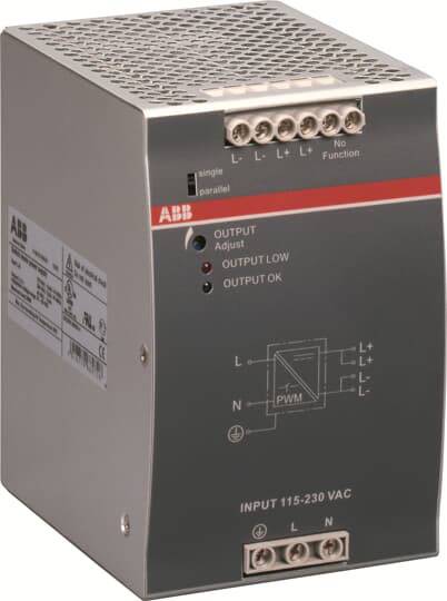 Ein silbernes und graues elektronisches Gerät mit Anschlüssen und LEDs, das eine ABB-Stromversorgungseinheit für 115-230 VAC zeigt.