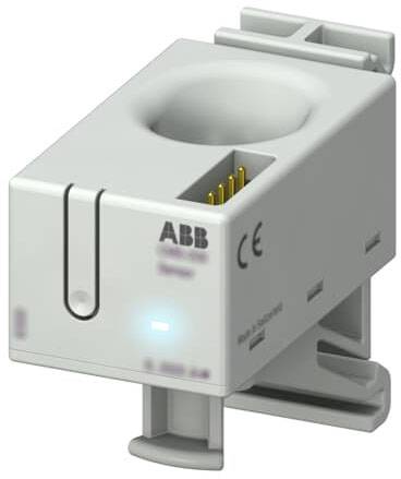 Ein grauer, rechteckiger Sensor mit LED-Anzeige, Markenlogo und elektrischen Anschlussstiften, montiert auf einer Tragschiene.