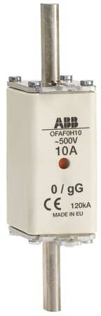 Sicherung ABB 'OFAF0H10', 500V, 10A, 0/gG Typ, 120kA Leistung, hergestellt in EU.