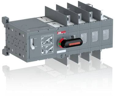 Elektrisches Schaltgerät mit mehreren silbernen und grauen Komponenten, rotem Griff zur Bedienung und einem Firmenlogo.