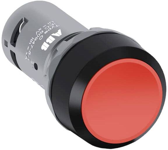 Roter Drucktaster mit schwarzem Rand, Sicherheitsschalter von ABB. Rundes Design, typischerweise in Industrieanlagen verwendet.