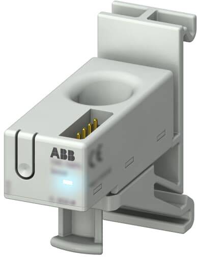 Ein graues elektronisches Bauteil mit dem Logo 'ABB', montierbar, zeigt Buchsen für elektrische Verbindungen und eine leuchtende LED.