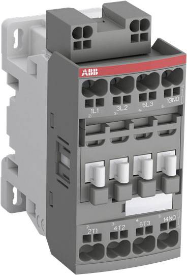 Ein grauer, rechteckiger elektrischer Schütz von ABB mit mehreren Anschlussklemmen oben und unten. Häufig in industriellen Steuerungen eingesetzt.