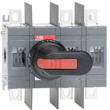 ABB Lasttrennschalter, off-Schalter, grau und rot, mit mehreren Befestigungspunkten, für elektrische Sicherheitsanwendungen.