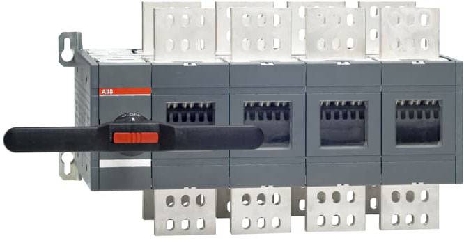 Industrieschalter mit Griff und mehreren Anschlüssen, geeignet für den Einsatz in elektrischen Schaltschränken zur Steuerung der Stromverteilung.