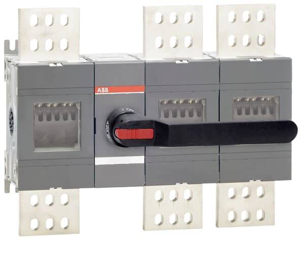 Dreipoliger Lasttrennschalter mit einem langen schwarzen Hebel und mehreren befestigten Metallplatten.
