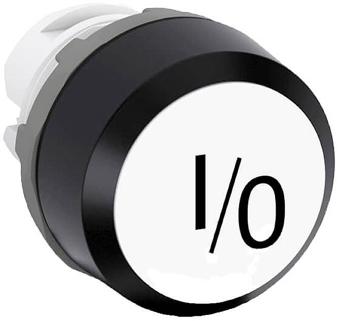 Ein kreisförmiger schwarzer Knopf mit der Aufschrift 'I/O', vermutlich ein Ein-/Ausschalter für elektronische Geräte.