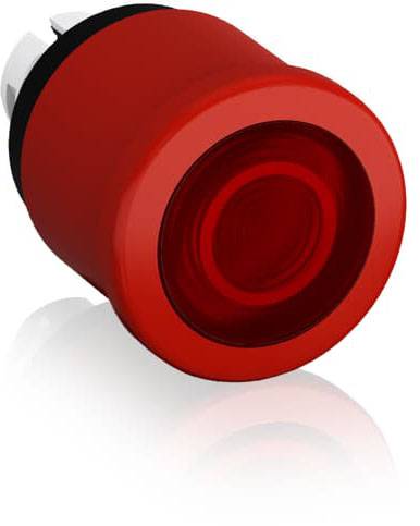 Rote, runde Drucktaste mit glatter Oberfläche, oft verwendet zur Aktivierung oder Deaktivierung von Geräten.