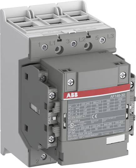 'ABB Schütz AF146-30' in grauer Farbe, mit Anschlüssen oben und unten, technische Details auf Vorderseite, für elektrische Schaltungen.