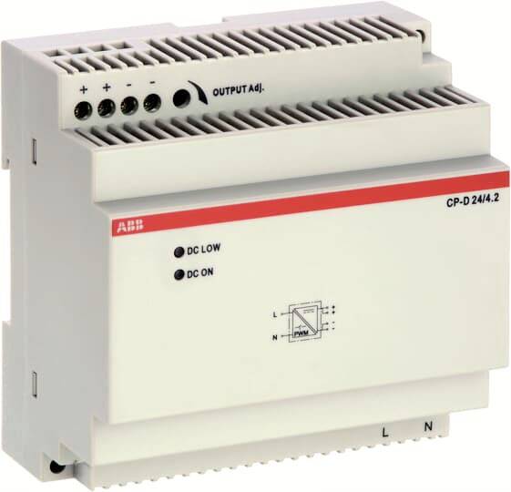 Ein weißes elektrisches Gerät für die DIN-Schienenmontage mit mehreren Anschlüssen, Ausgangsverstellung, und LED-Anzeigen für DC-Betrieb.