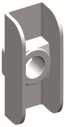 Graues U-förmiges Metallteil mit zentralem Loch; möglicherweise ein mechanisches Bauteil oder Halterung.