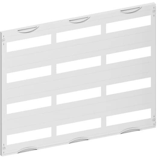 Weiße, rechteckige Kunststoffplatte mit mehreren horizontalen und vertikalen Schlitzen. Geeignet zur Belüftung oder als Abdeckung.