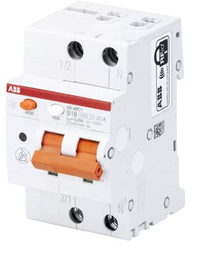 Leistungsschutzschalter mit orangenem Schalter und mehreren Anschlüssen. Markiert mit 'B16' und RFID-Symbol. Geeignet für elektrische Sicherheit.