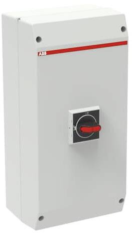 Graues Gehäuse mit rotem Griff und schwarzem Schalter auf der Vorderseite, dient zur Steuerung oder Sicherung elektrischer Geräte.