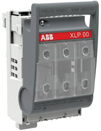 Grauer ABB-Sicherungshalter XLP 00, geeignet für NH-Sicherungen. Kunststoffgehäuse mit transparenter Abdeckung, rotes Etikett mit Modellnummer.