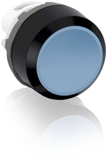 Blauer beleuchteter Druckknopf mit schwarzem Rand und weißem Sockel, auf reflektierender Oberfläche.