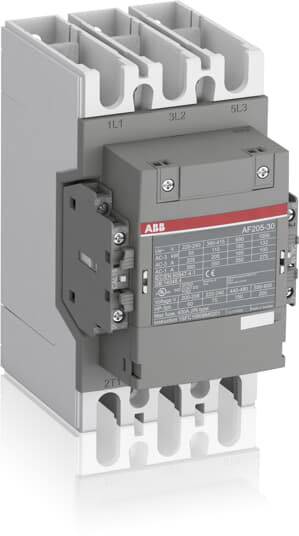 Typ AF205-30 Schütz von ABB mit fünf Anschlüssen oben und zwei unten, kompakte Bauweise für elektrische Schaltschrankanwendungen.