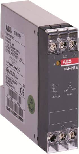 Ein elektronisches Relais der Marke ABB mit Anschlüssen und Beschreibungen. Zeigt die Modellnummer CM-PBE und Anschlussschema auf der Vorderseite.