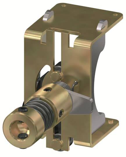 Ein goldfarbener mechanischer Bauteil mit zylindrischem Design und Befestigungsplatte, möglicherweise Teil eines größeren Maschinenbausystems.