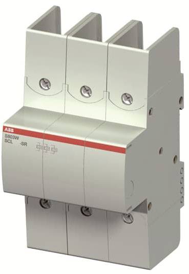 Ein dreipoliger Leistungsschalter von ABB, Modell S803W, markiert mit 'SCL', 'SR', in hellgrau, geeignet für industrielle Anwendungen.
