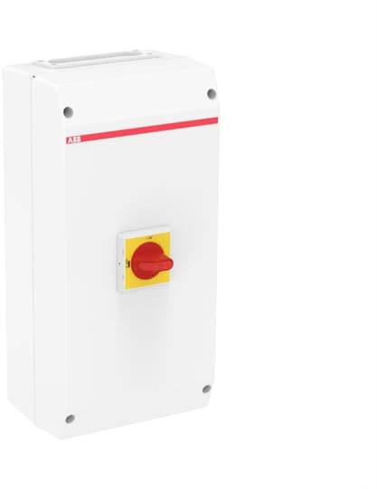 Weißes elektrisches Gehäuse mit rotem Schalter in der Mitte, montiert auf eine gelbe Platte.