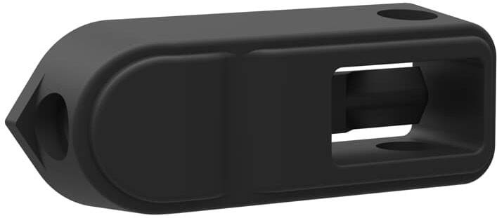 Schwarzes, rechteckiges Kunststoffteil mit abgerundeten Ecken und Öffnungen an beiden Enden.