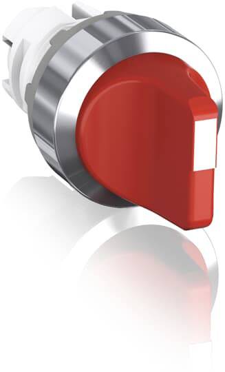 Roter Drehschalter mit silbernem Rand auf weißem Hintergrund.