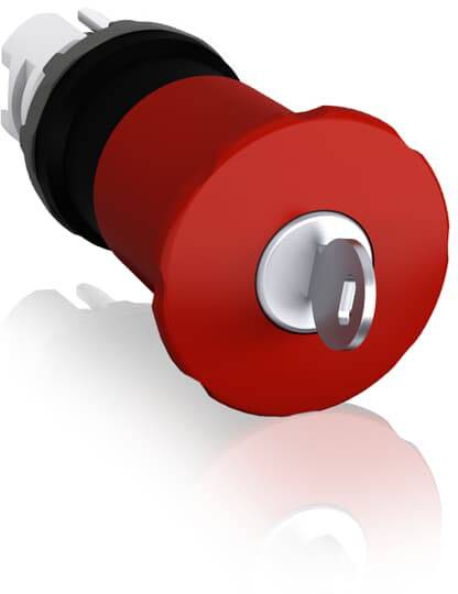 Roter Sicherheitsschalter mit Schlüssel, der aus einer schwarzen, zylindrischen Halterung herausragt. Schlüssel steckt im Schlüsselloch.