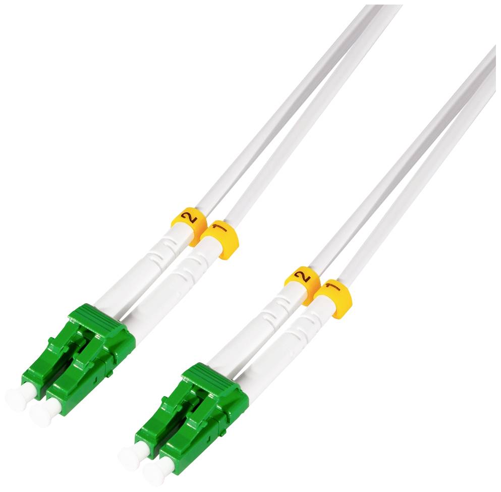 LWL-LC-Duplex-Steckverbinder mit gelben Markierungen, geeignet für Hochgeschwindigkeits-Datenübertragungen in Netzwerken.