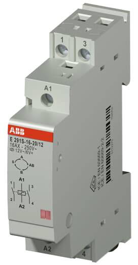 'ABB Schütze E 291S-16-20/12', 16A, 250V. Graues elektronisches Gerät mit zwei Anschlüssen oben und Schaltdiagramm an der Vorderseite.