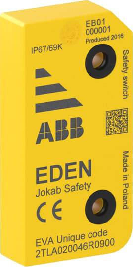 Gelbes Sicherheitsmodul von ABB mit Aufdrucken 'EDEN Jokab Safety', EVA Unique Code, CE-Kennzeichnung, hergestellt in Polen, 2016.