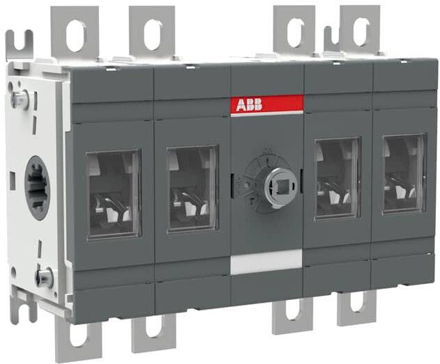 Ein industrieller Leistungsschalter von ABB, grau und weiß, mit mehreren Schaltern und einem zentralen Drehknopf, zur Stromregelung.
