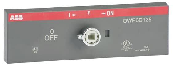 ABB OWP6D125 Schalterplatte mit ON/OFF-Schalter. Zeigt Pfeile zur Unterscheidung von Ein/Aus-Zustand. Kennzeichnungen UL, CE.