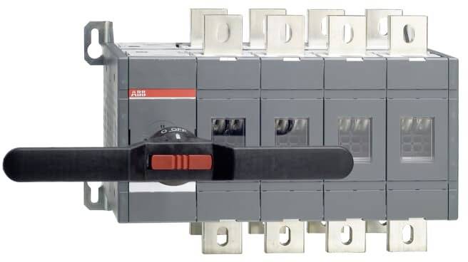 Ein vierpoliger Umschalter mit einem großen schwarzen Griff vorne. Oben befinden sich vier Anschlüsse, die eine elektrische Verbindung ermöglichen.