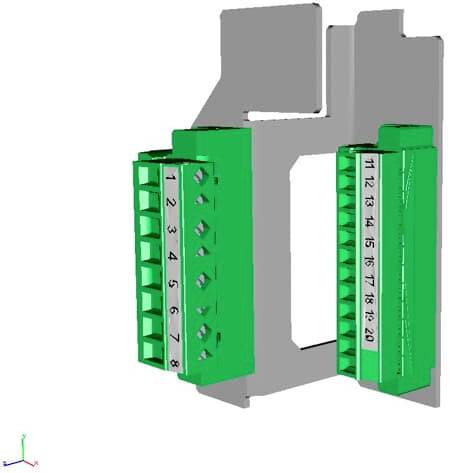 Zwei grüne Steckverbinder auf einer grauen Halterung, jeweils mit nummerierten Kontakten. Links 1-8, rechts 11-20.
