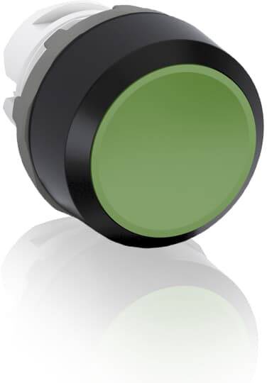 Ein runder grüner Knopf mit schwarzer Umrandung; möglicherweise ein Schalter oder Druckknopf in einem technischen Gerät.