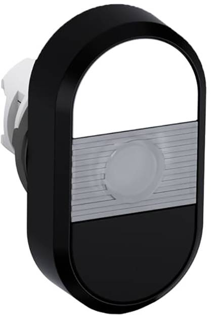 Ein ovaler, digitaler Lichtschalter mit silbernem Mittelteil und schwarzem Rand.