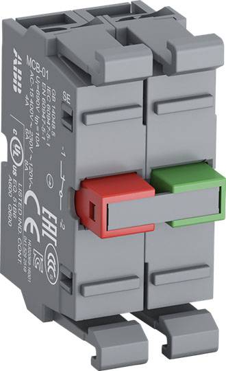 Ein grauer elektrischer Schutzschalter mit grüner und roter Taste, verwendet zur Unterbrechung von Stromkreisen in elektrischen Anlagen.