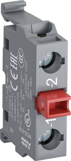 Ein hellgrauer, rechteckiger elektrischer Schalter mit roten und schwarzen Anschlüssen. Verfügt über technische Kennzeichnungen an der Seite.