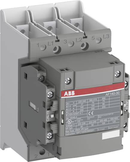 Ein grauer ABB-Schütz, Modell AF140-30, geeignet für elektrische Schaltkreise, mit technischen Spezifikationen auf der Vorderseite.