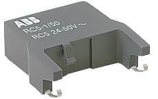 Ein graues elektronisches Bauteil mit der Aufschrift 'ABB RCD-1/50 RCS 24-50V ~', besitzt zwei gebogene Metallanschlüsse.