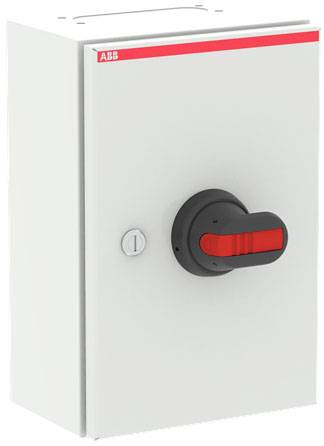 Ein elektrischer Schaltschrank mit rotem Schalter und kleinem Schloss. Der Schrank ist weiß und hat ein kleines Logo oben links.